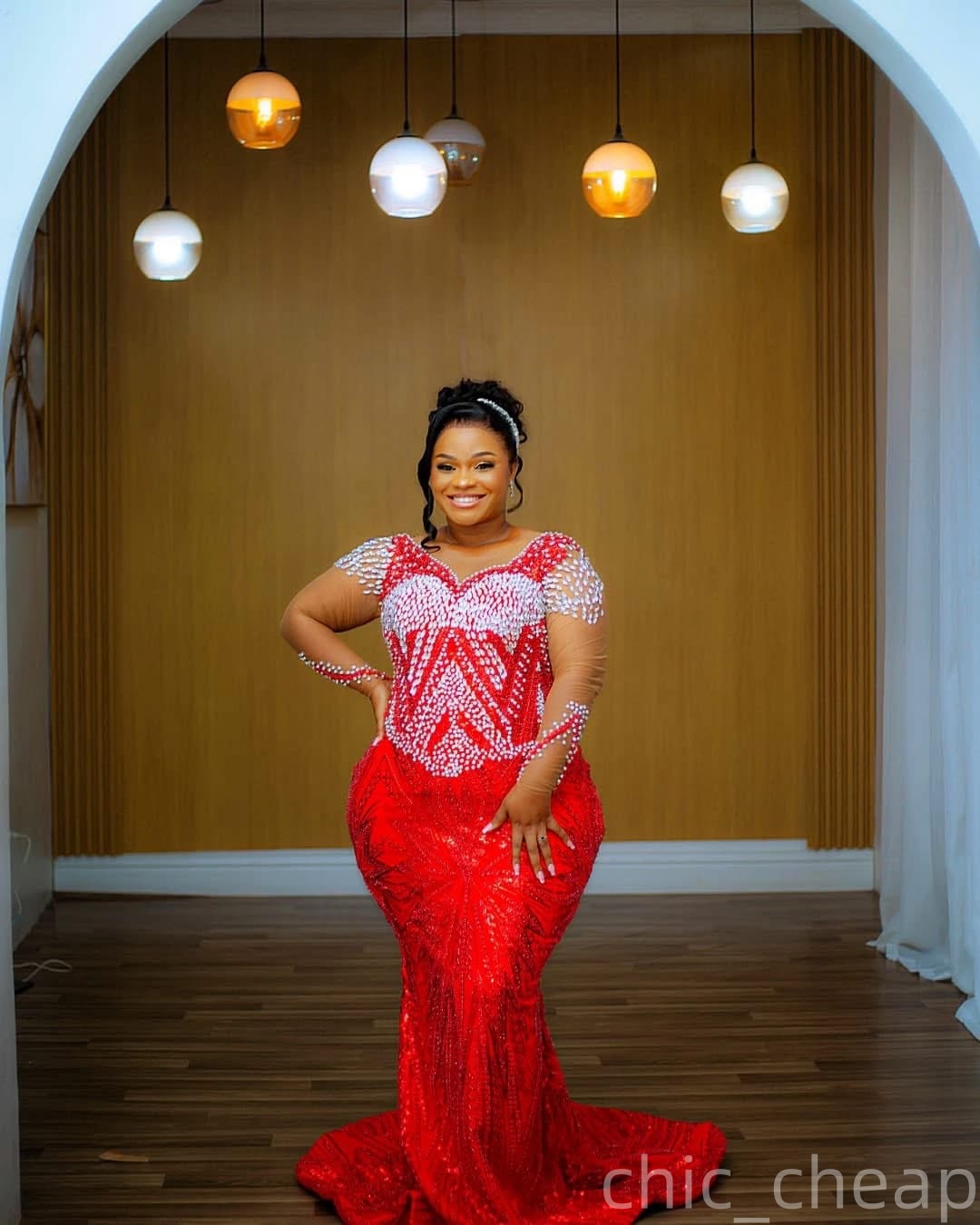 Aso Ebi Red Mermaid Prom Dresses 2026 Crystals Full Sleeves Sequined Evening Formal Party Second Birthday Engagement Gowns Plus Size Dress For Special