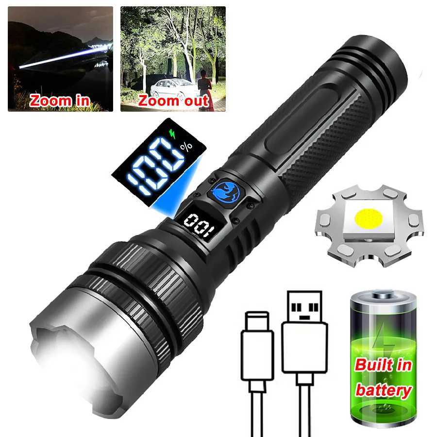 High Strong Power Led Flashlights 2000LM Tactical Torch with Display Light USB Charging Camping Fishing Emergency Zoom LanternW251106