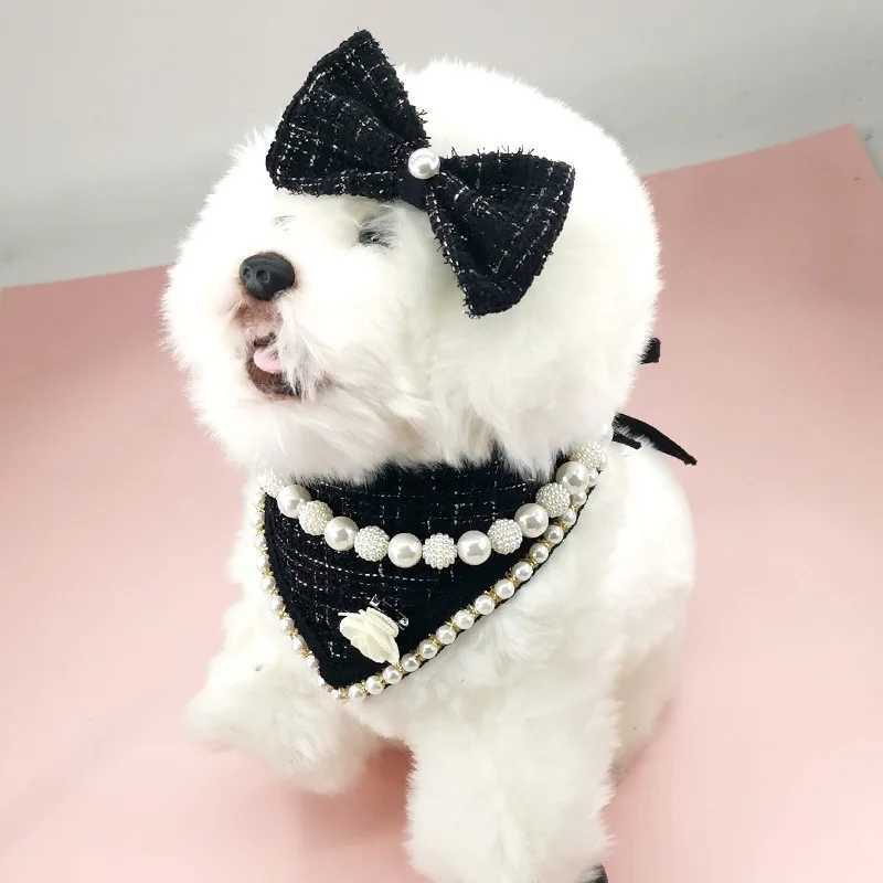 High Quality Pet pearl necklace dog bib cat supplies dog coarse cloth Saliva towel triangular scarf bow tie dog bandage pet accessories T250407