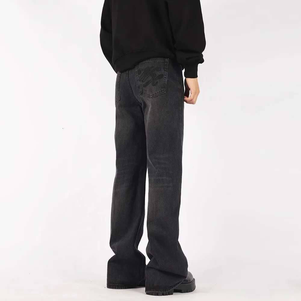 Letter Embroidery Flare Denim Pants Washed Distressed High Street Loose Jeans Men Trousers