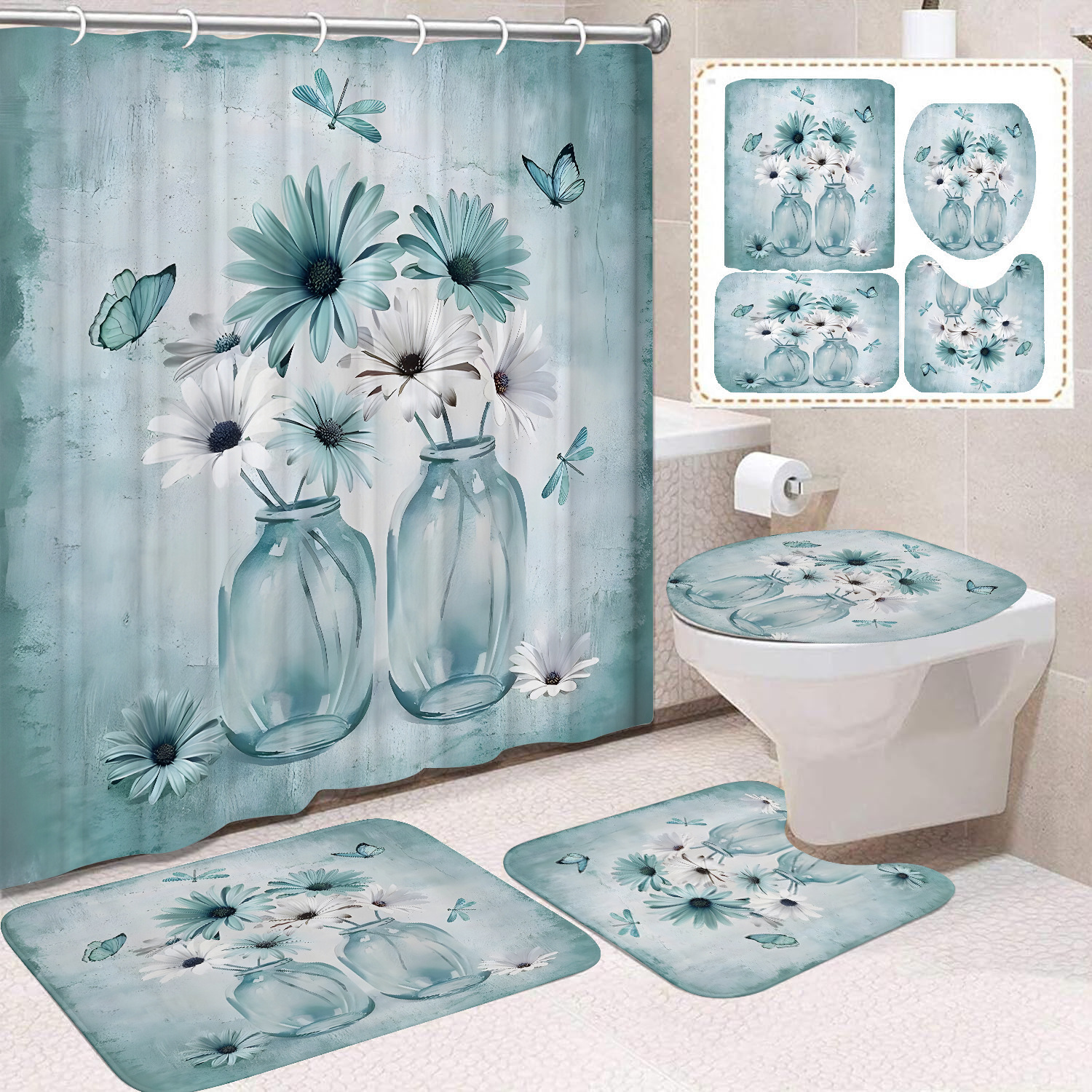 YL-37651 Factory direct sales watercolor daisy bathroom shower curtain/toilet partition curtain/no-drill curtain/shower curtain