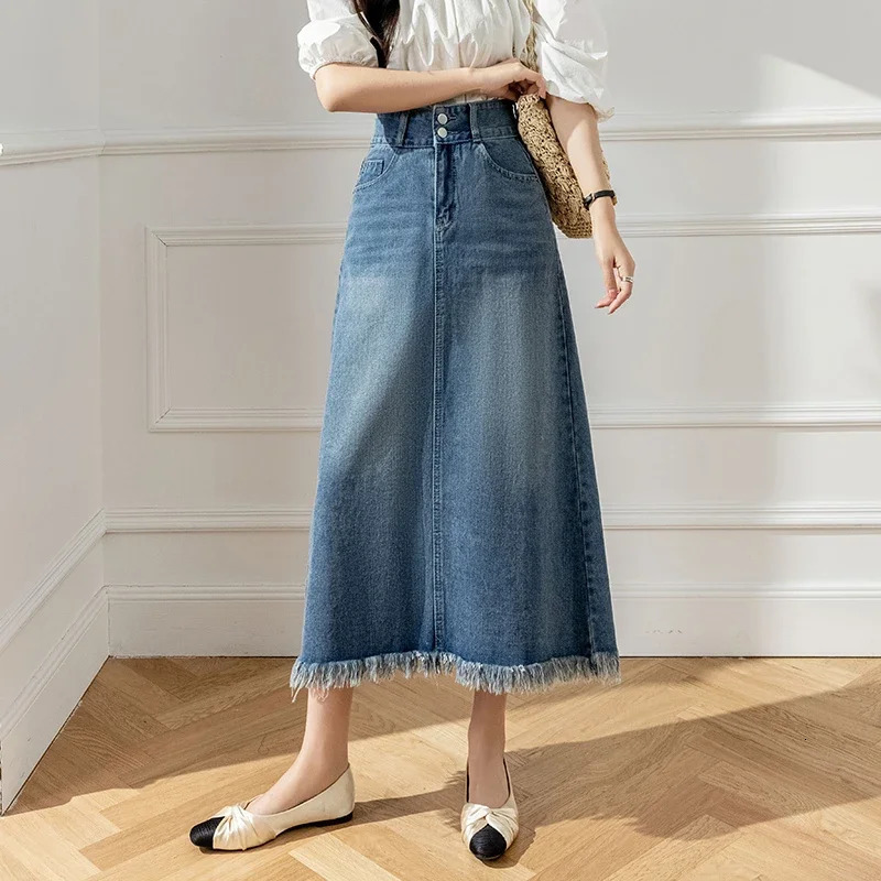 Seoulish Retro Blue Denim Skirts for Women 2025 Spring Summer Elegant High Waist Tassel Pockets Medium Length A-line Skirt 250407