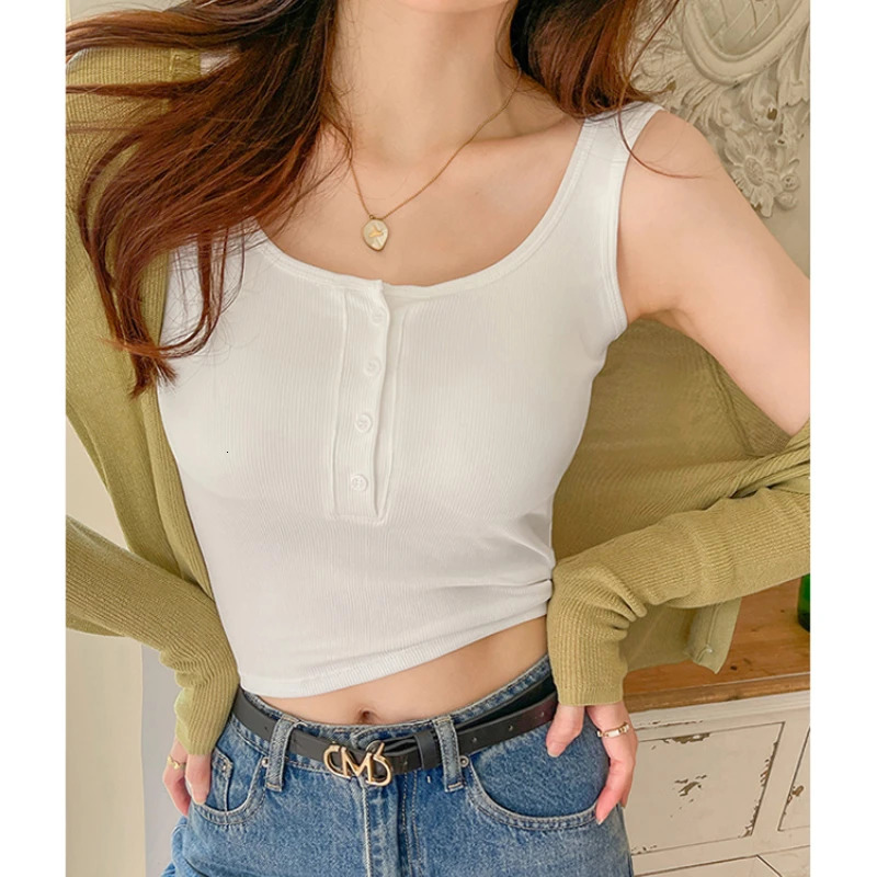 Womens solid round neck buckle vest womens summer basic elastic Oneck 250407
