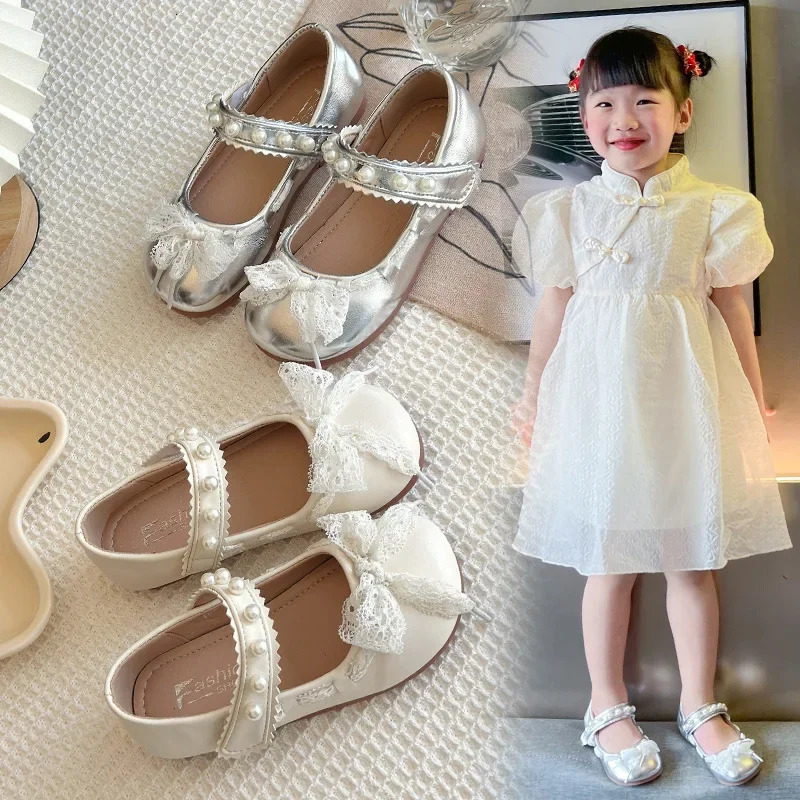 Childrens girls pearl lace princess shoes spring and summer lace bow show solid color casual flat slider size 23-34 250402