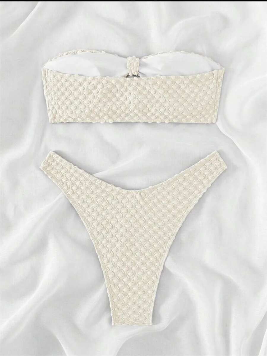 Dongdumaoyi Sexy White Bandeau Bikinis Sets Women Hollow Out Tie Bow Push Up Micro Swimsuit Brazilian Beach Bathing Suit Thong Swimwear