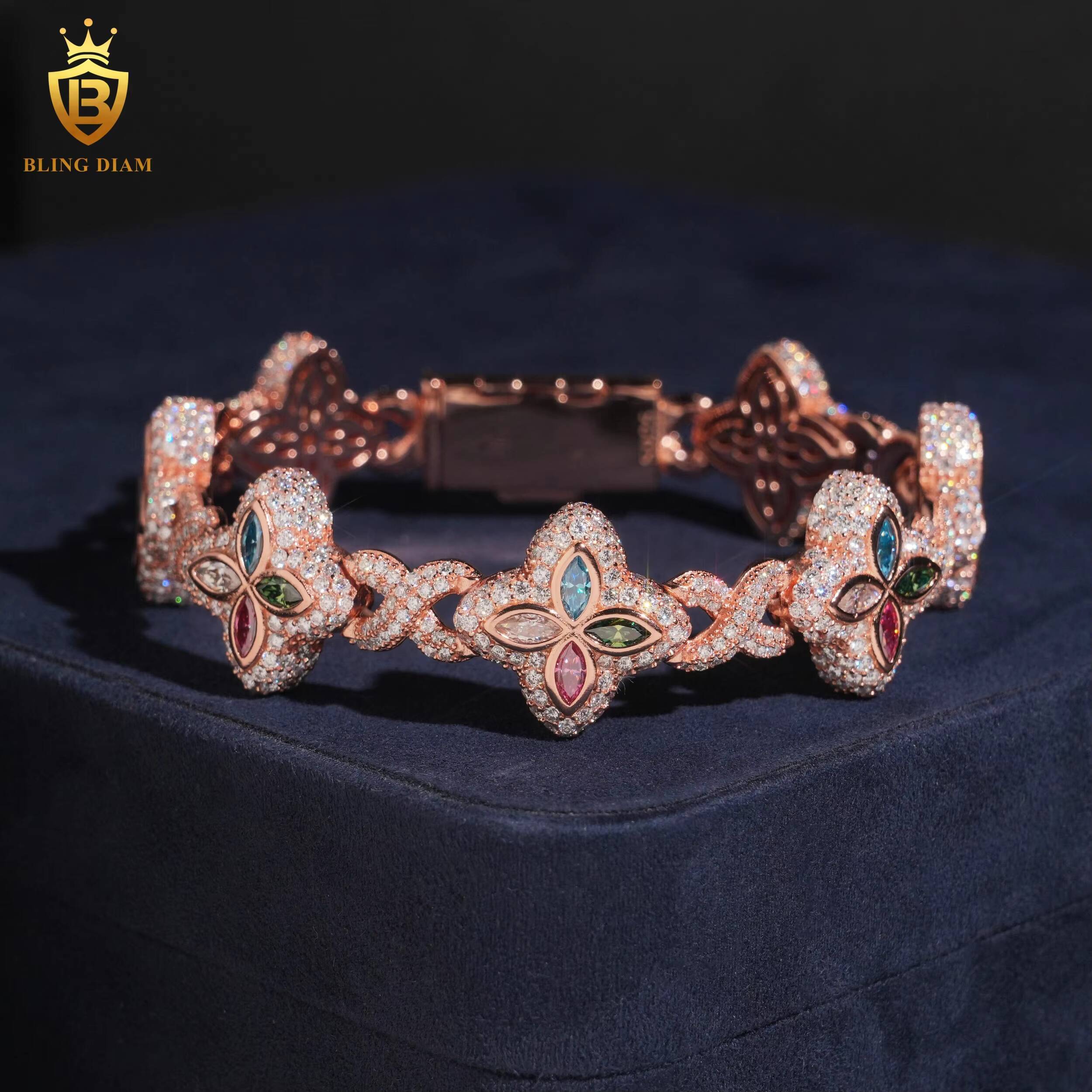 Moissanite Bracelet 18mm Colored Marquise Cut Moissanite Rose Gold Plated 925 Silver Chain Bracelets Bangles Fashion Jewelry