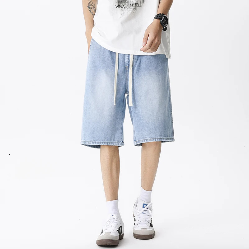 Casual denim shorts mens elastic waist straight comfortable light blue soft loose Bermuda jeans 250313