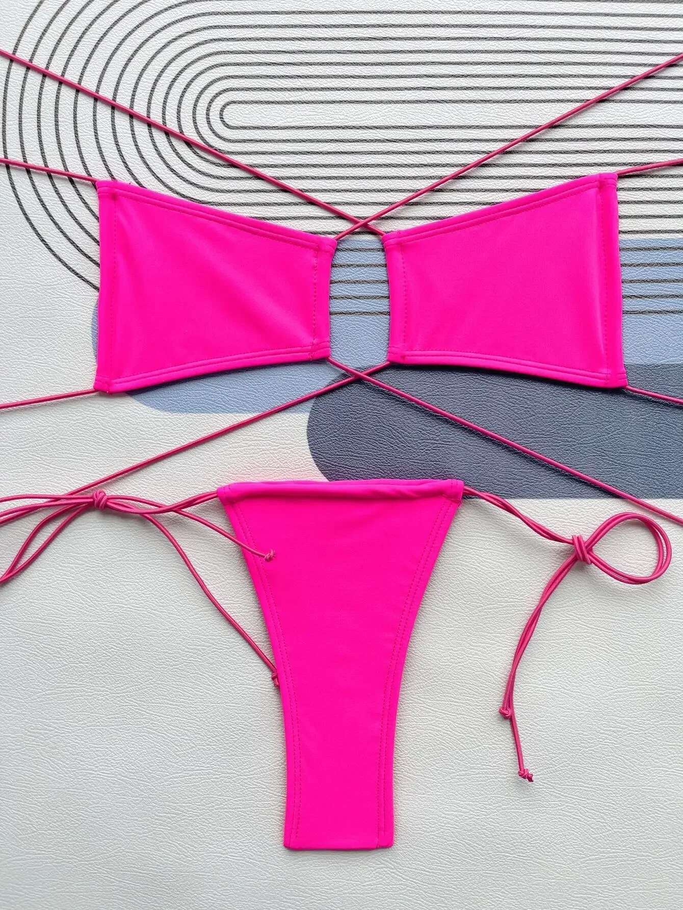 Dongdumaoyi Sexy Lace Up Bikini Women Black White Criss Cross Push Micro Swimsuit Brazilian Bathing Suit Tie Side Triangle Swiimwear