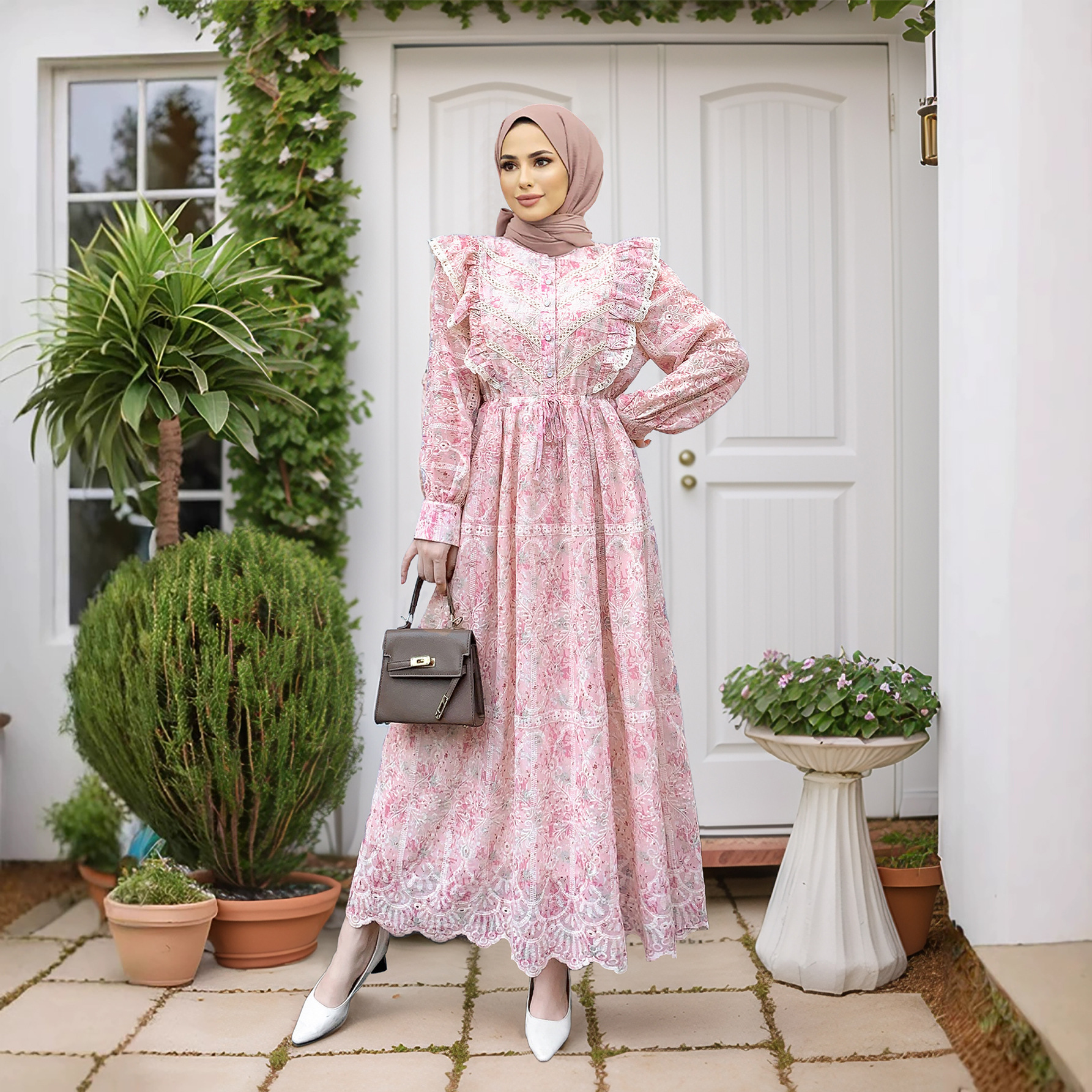 M Muslim New With Hollowed Out Embroidery And Ruffle Edge Patchwork Lace Floral Dress