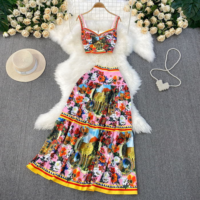 Two Piece Dress Summer Boho Beach Holiday Two Piece Set Women Skirt Suit Sexy Strapless Crop Top And High Waist Pleated Long Skirt Outfits 230801