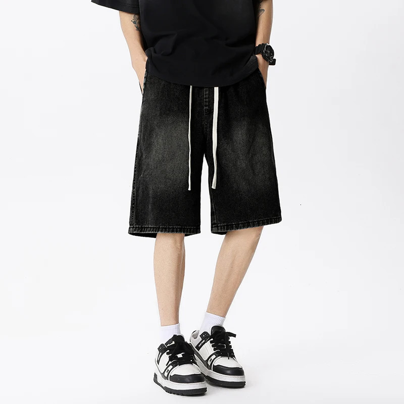 Casual denim shorts mens elastic waist straight comfortable light blue soft loose Bermuda jeans 250313