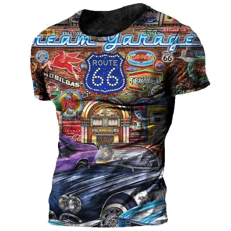 Retro 3D printed motorcycle engine men's oversized 66 short sleeved racing T-shirt Camiseta