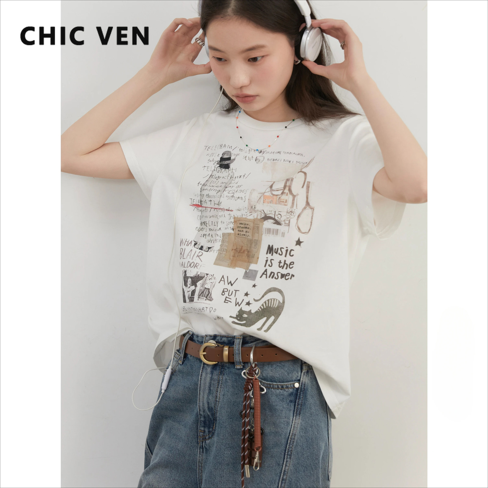 CHIC VEN Womens Tshirt Loose Casual Round Neck Short Sleeve Retro Poster Printing Cotton Girls Top SpringSummer 250407