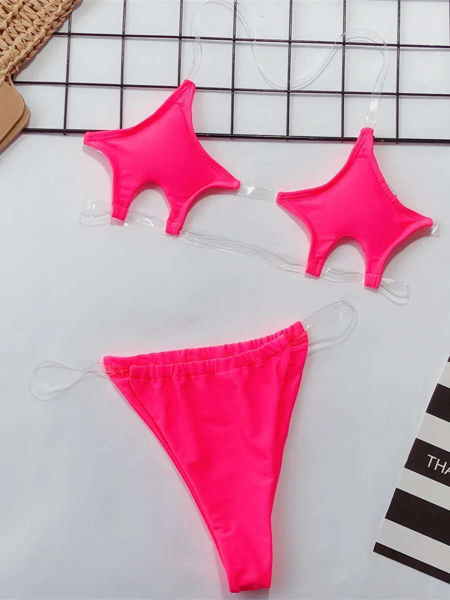 Dongdumaoyi Micro Bikini Women Clear Strap Push Up Bra Neon Yellow Gold Transparent Swimsuit Triangle Bather Thong Swimwear Biquini