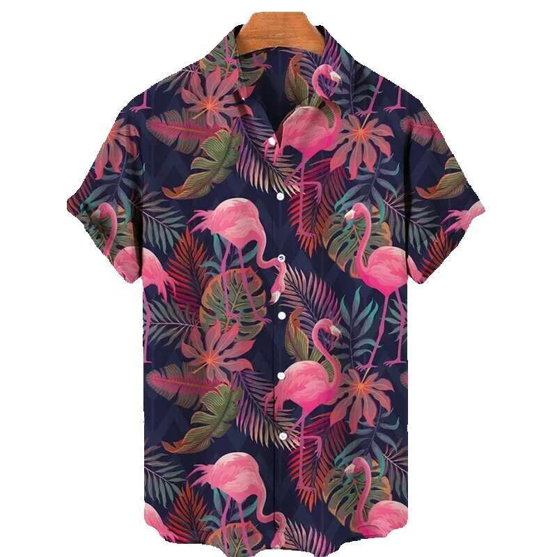 TRCALE Jungle Pink Flamingo Printed Hawaiian Men's Shirt, Summer Short Sleeve Top, Haruku, Collar Button, Loose Shirt