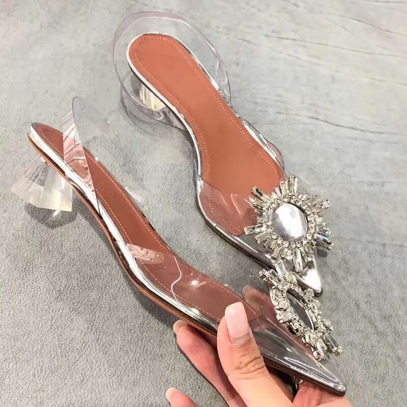 34-45 PVC Transparent Crystal 2024 Summer New Pointed Odd Heel Stiletto Ladies Sun Decoration Wild Fairy Shoes