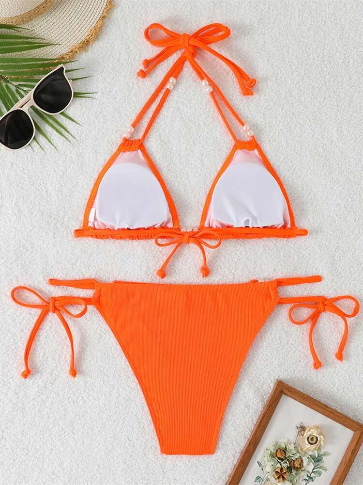 Dongdumaoyi Sexy Black Bikini Set Women Pearls Strap Push Up Drawstring Side Thong Swimsuit Luxury Lace Summer Bathing Suit Swimwear