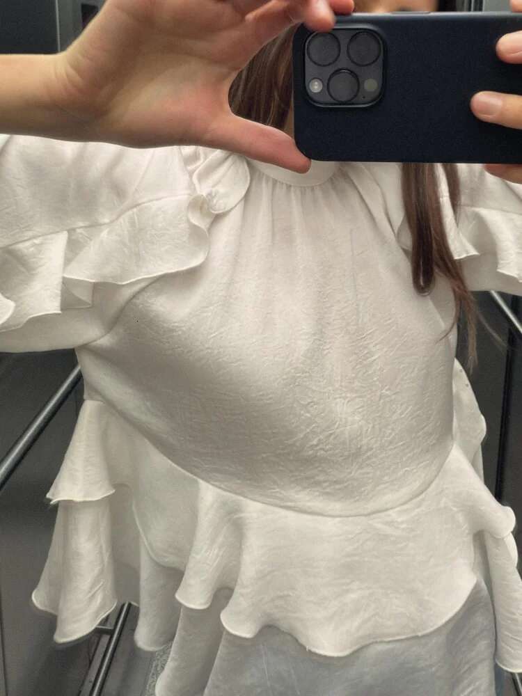 Elegant White Double Layered Ruffles Hem Women's Blouse Spring Round Neck Flare Full Sleeve Shirts New Summer Office Streetwear