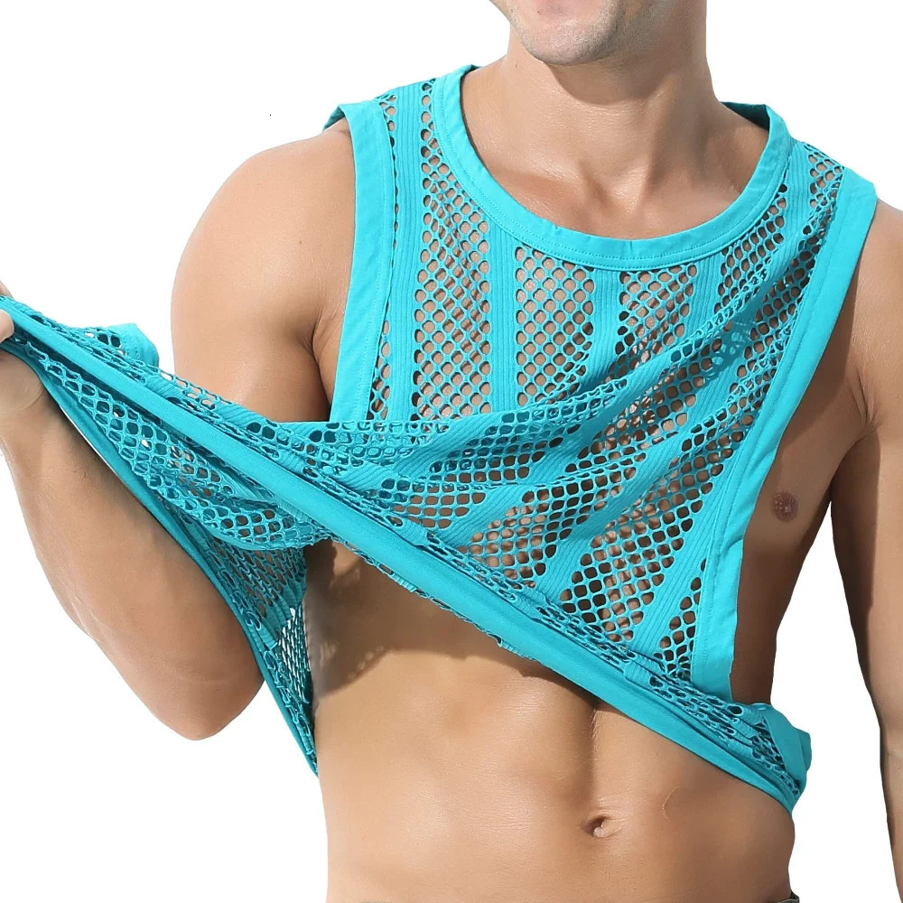 Elastic plus mesh top mens casual hollow sexy vest street clothing mens muscle tank top gym clothing 250403