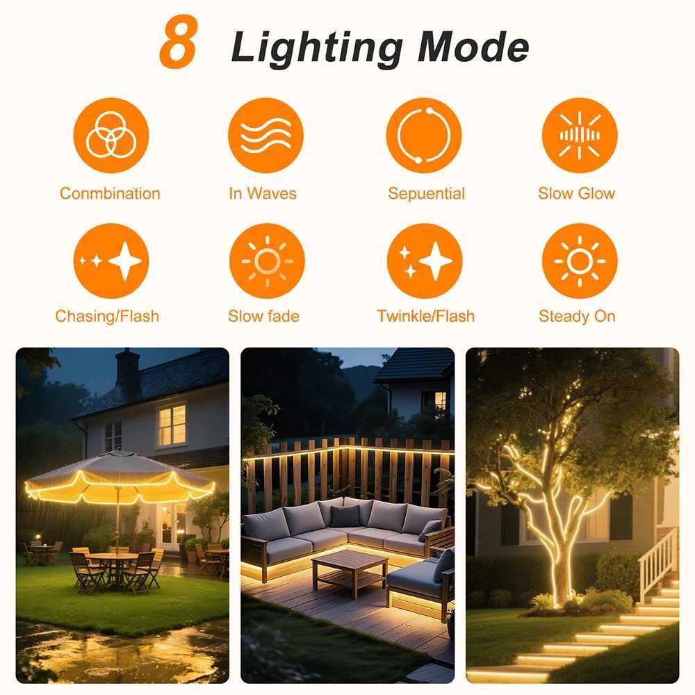 24V Solar Neon Light Strip Waterproof 8 Modes 120LEDs/m Flexible Lamp IP68 High Density Party Garden Outdoor Lighting Warm White W251107
