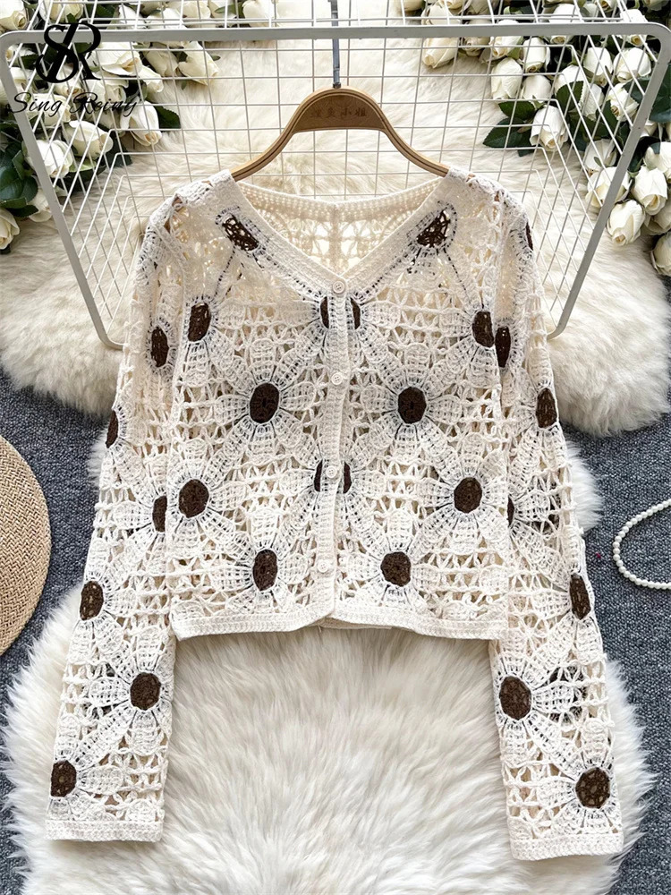 Singreiny Fashion Senior Beach Shirt Single Chest Full Sleeve Loose Coat Hook Flower Hollow Unique Knitted Casual Top 250407