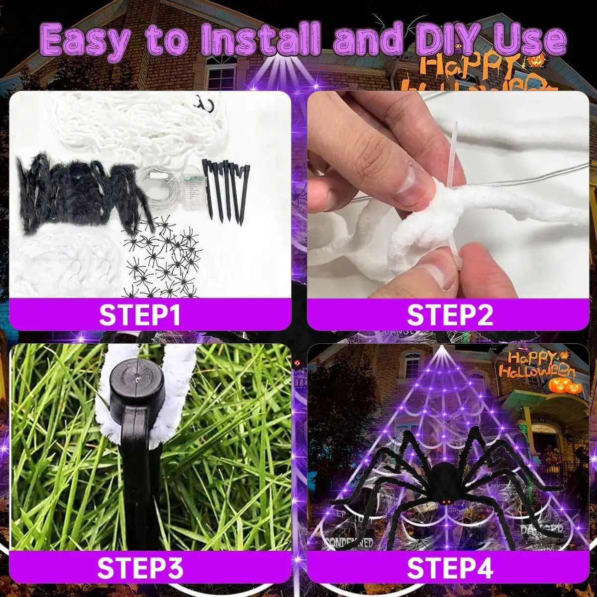 1pc Halloween Spider Web Lights with Large Spider And 200LED Purple String Light For Home Garden Holiday Halloween Decoration W251107