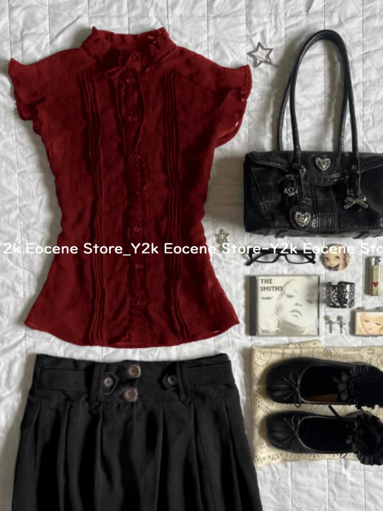 SpringSummer Wine Red Ruffle Collar Womens Retro n Slimming Casual Top Elegant Korean Fashion 250407