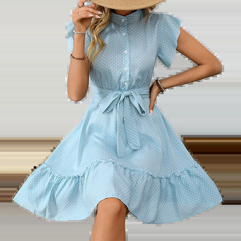 Womens elegant polka dot short sleeved A-line dress for beach vacation in spring and summer womens O-neck lace button midi dress 250402