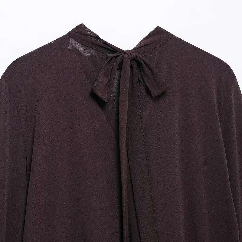 Willshela Women Fashion Brown Back Bow Lace Up Ruffled Pleated Pullover Blouse Vintage O-Neck Female Chic Lady Shirts