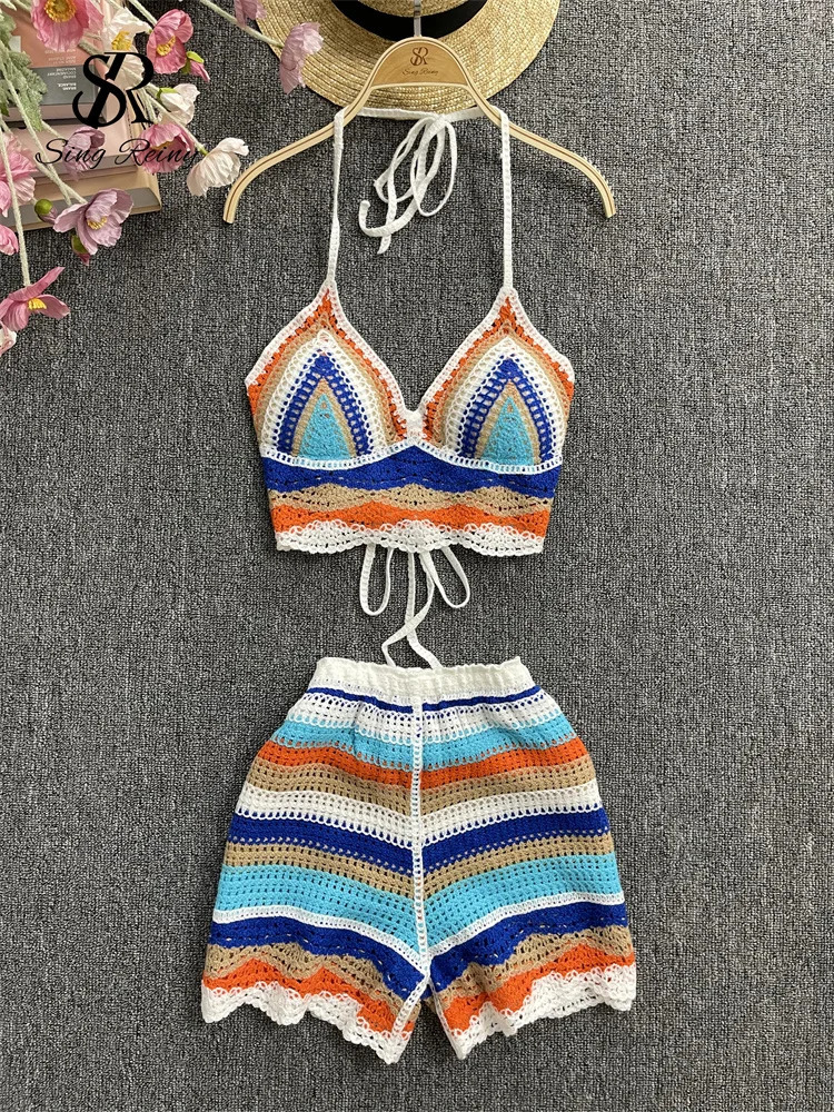 SINGREENY striped beach twopiece set for women strapless back mini Camiswing leg shorts fashionable Korean Bohemian vacation 250313