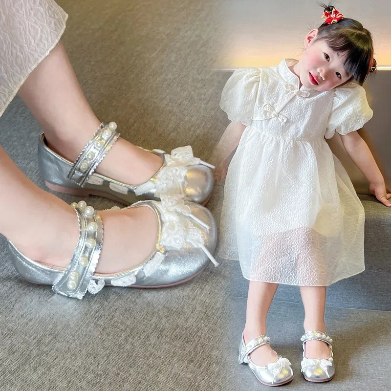 Childrens girls pearl lace princess shoes spring and summer lace bow show solid color casual flat slider size 23-34 250402