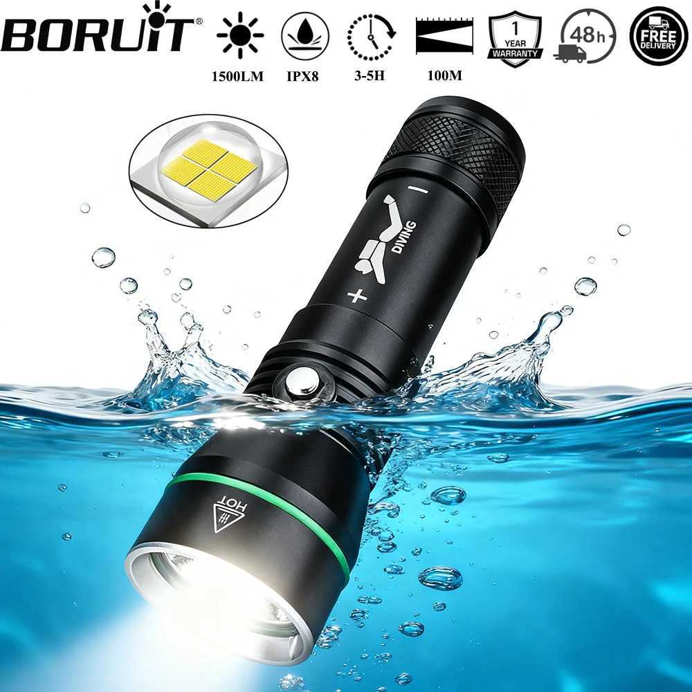 BORUiT S3 XHP50 LED Scuba Diving Flashlight 1500LM Super Bright Underwater 100M Torch IPX8 Waterproof Spearfishing LanternW251106