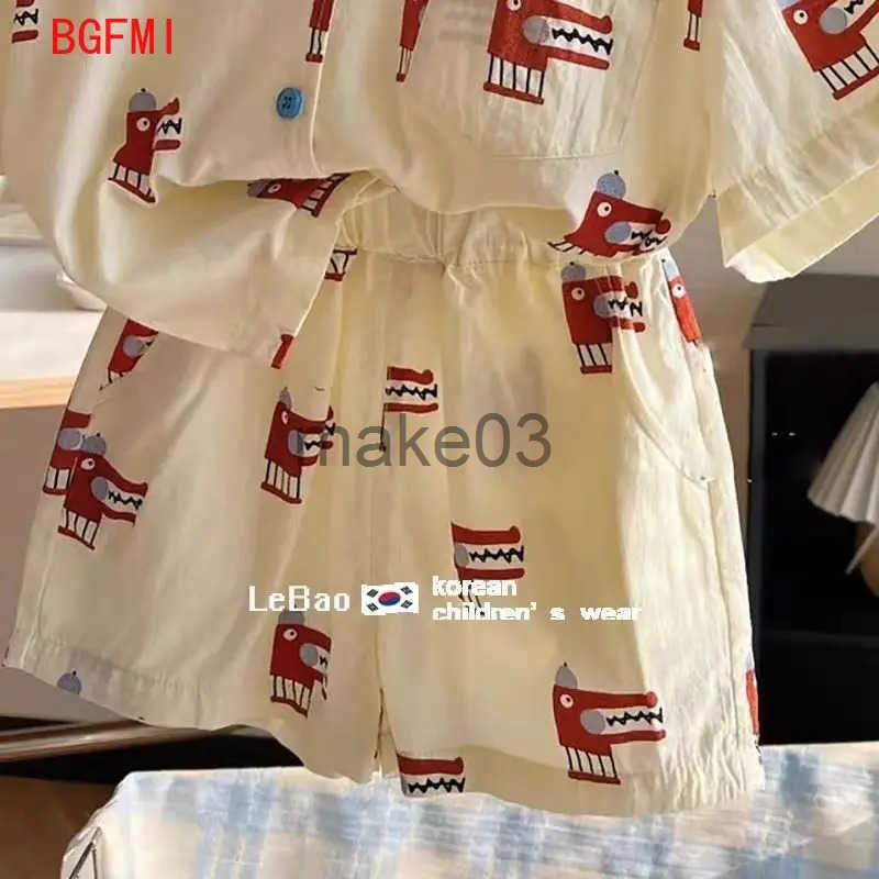 Korean 2025 Clothing Boys Fashion Printed Short Shirt Top+Short sleeved Childrens Boutique Set J250403