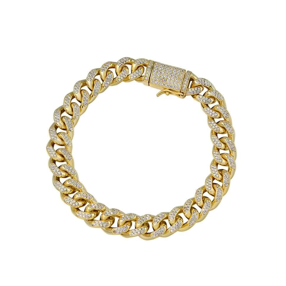 Iced Out 925 Silver Real 14K Yellow Gold Plated Round Cut Moissanite Zircon Diamond Cuban Link Bracelet for Mens