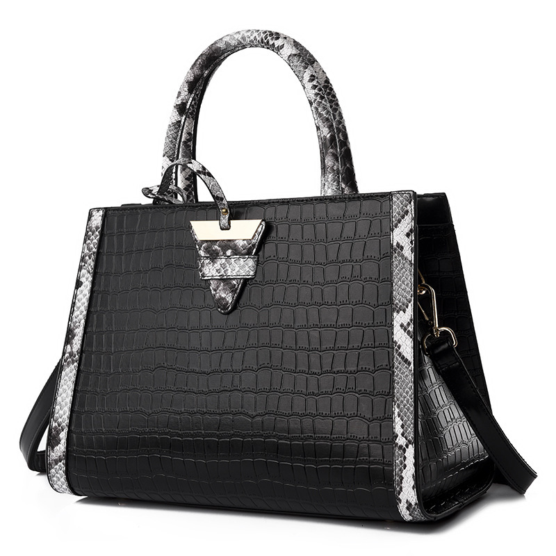 Snakeskin Pattern Design Bag For Women's Fashionable Large Capacity Tote Bag Commuting Black One-shoulder Crossbody Handbag
