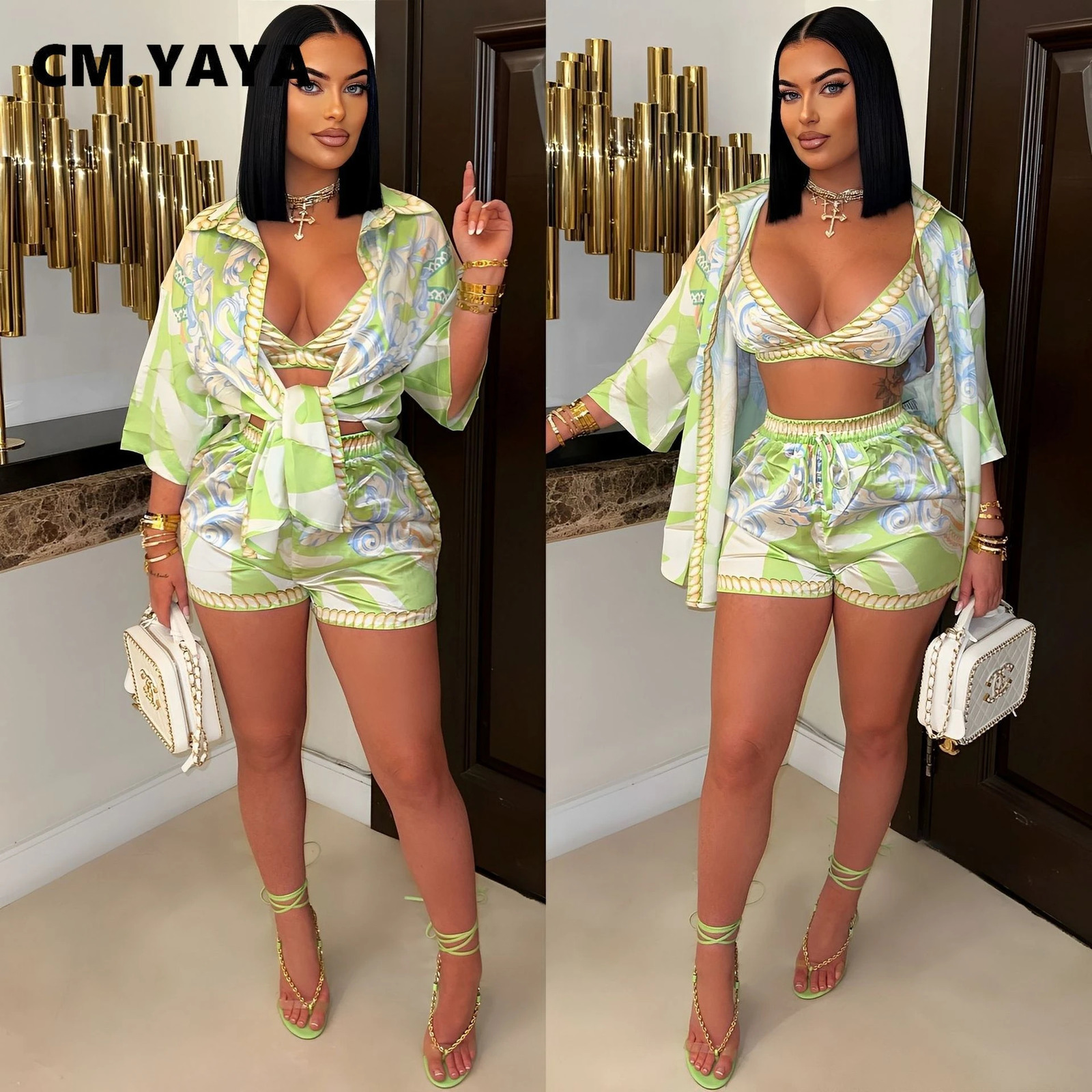 CM.YAYA Paisley Printed Womens Set Three Quarter Sleeve Blouse Bra Top and Shorts Beach 3- Piece Sets Outfit Tracksuits 250407