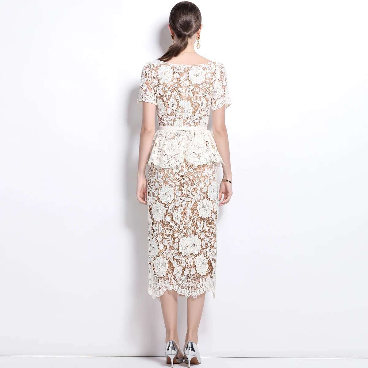 Quality Summer Beaded Dias Embroidery Beige White Lace Evening Dress Women Short Sleeve Ruffle Peplum Midi Prom Dresses Long