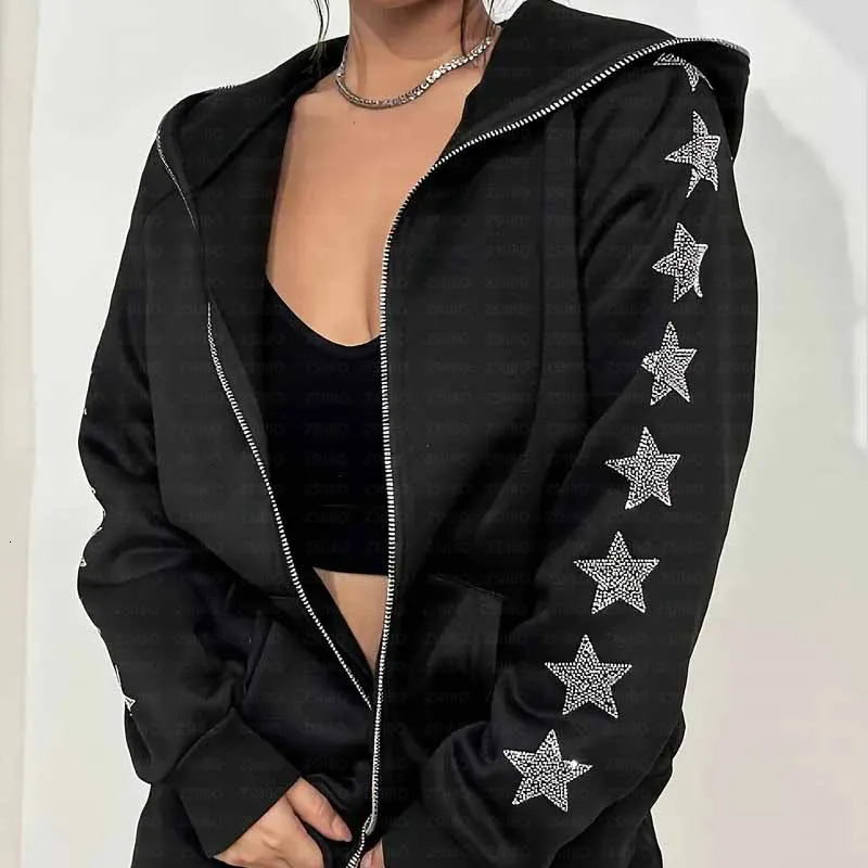 Y2K rhinestone zipper oversized sweater for women autumn Gothic hooded sweatshirt black jacket streetwear tops 250403