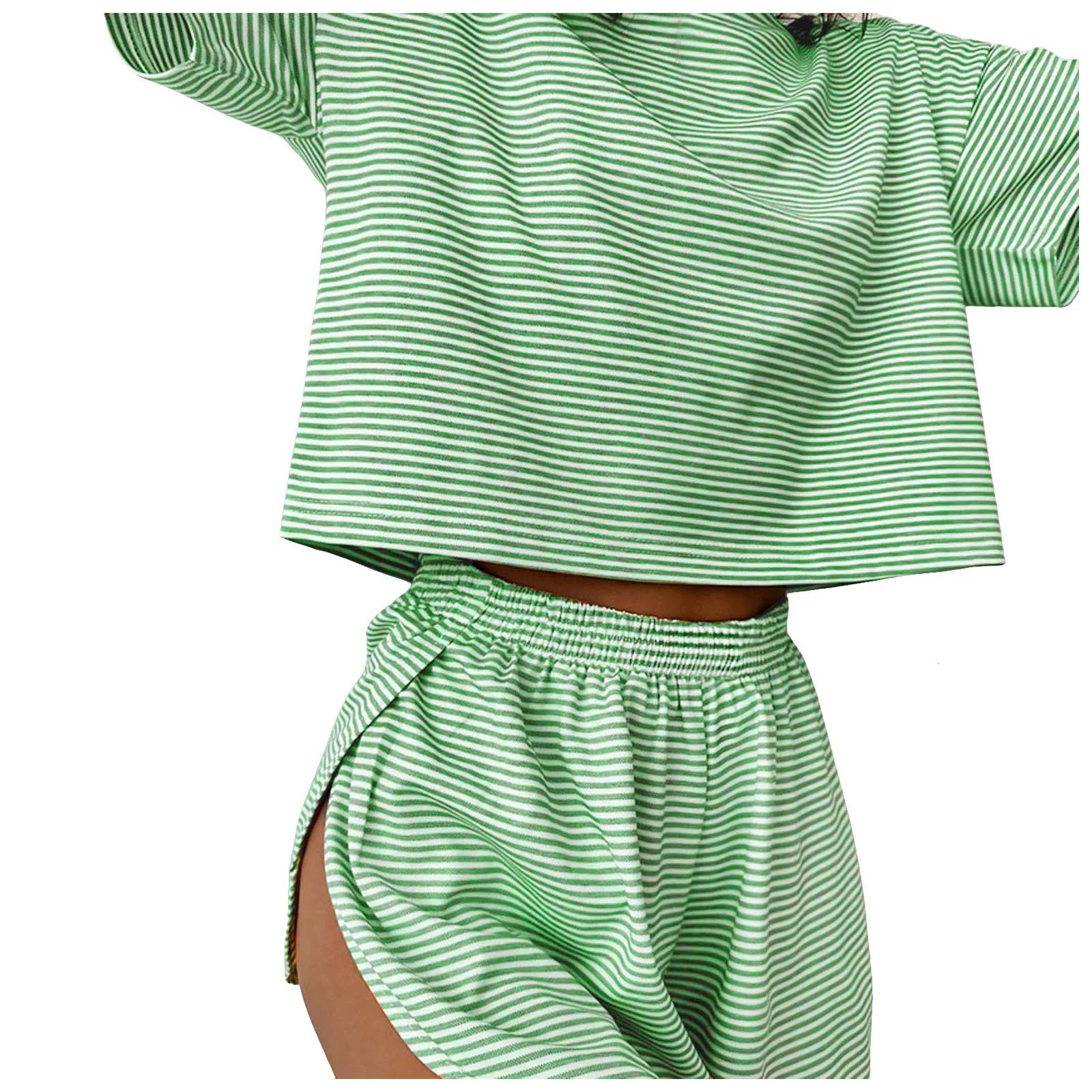 Womens striped pajamas set short sleeved Tshirt and 2piece womens home casual loose round neck 250313