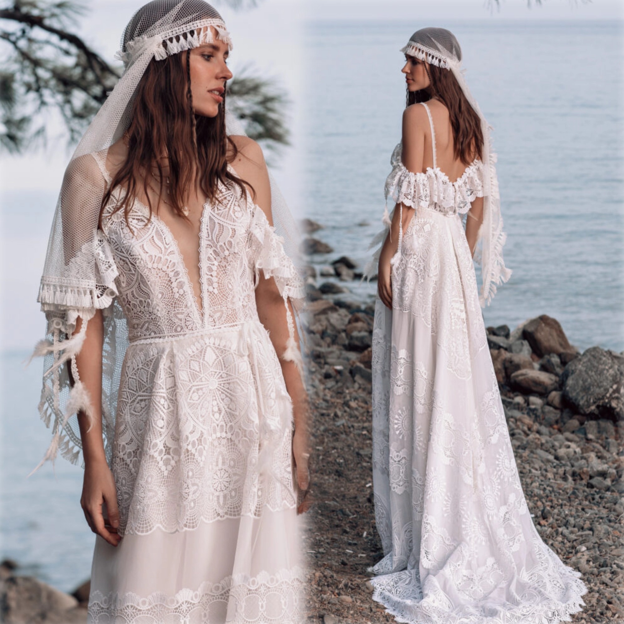 Bohemian Wedding Dresses Spaghetti Straps Lace Appliques Bridal Gowns Customized Backless Sweep Train A Line Boho Robe De