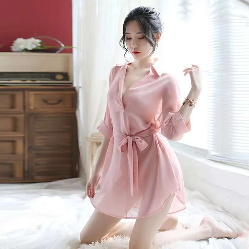 New Design Women Sexy Gerie Transparent Sleepwear Chiffon See-Through Lace Shirt Dress