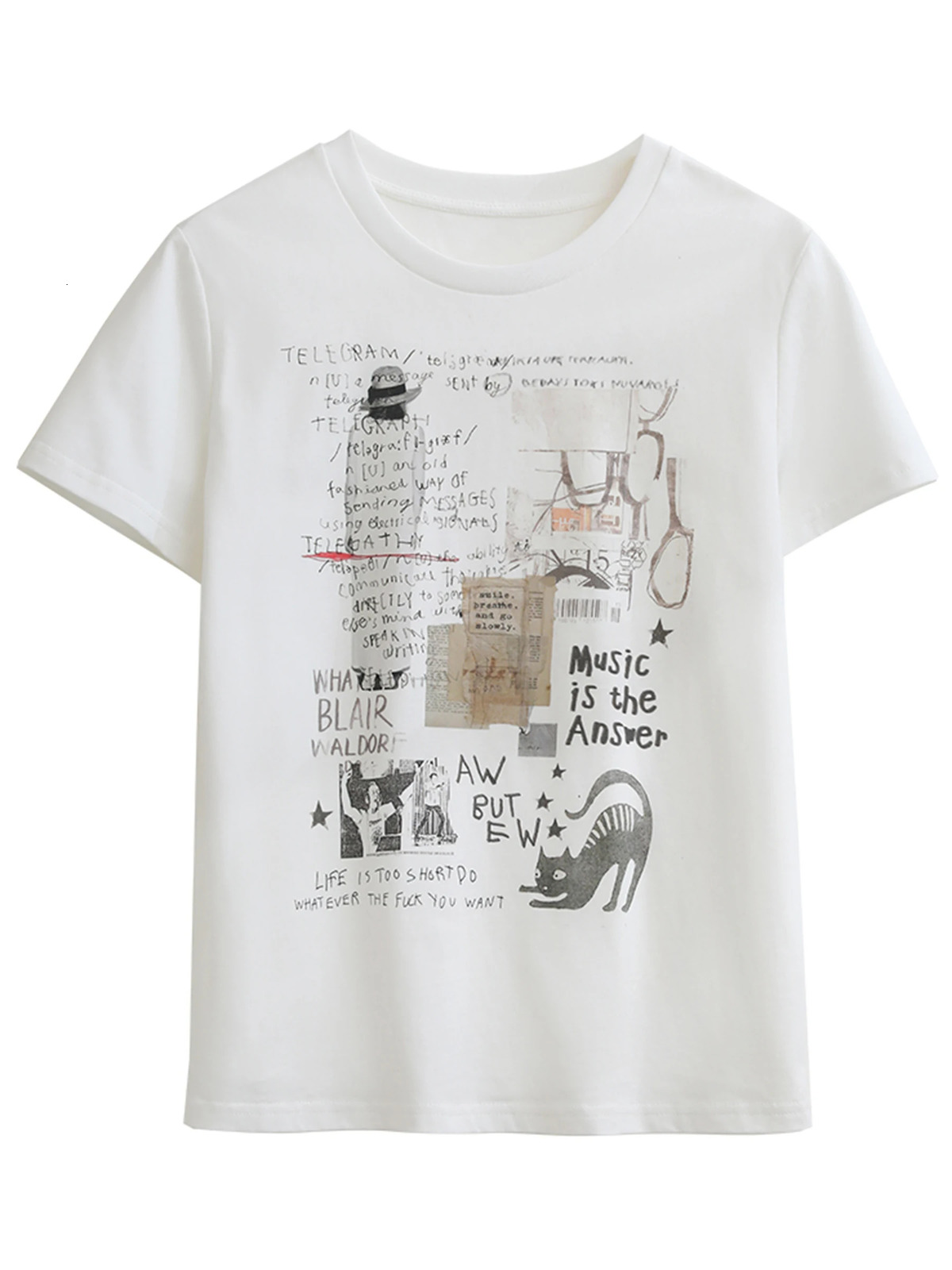 CHIC VEN Womens Tshirt Loose Casual Round Neck Short Sleeve Retro Poster Printing Cotton Girls Top SpringSummer 250407