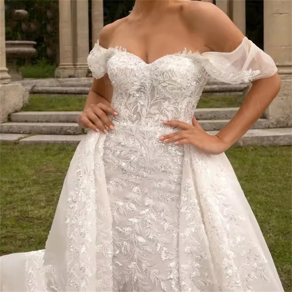 Classic A Line Women Wedding Dress Sweetheart Neck Off Shoulder Bridal Gowns Sequins Appliques Detachable Train Dress Custom Made