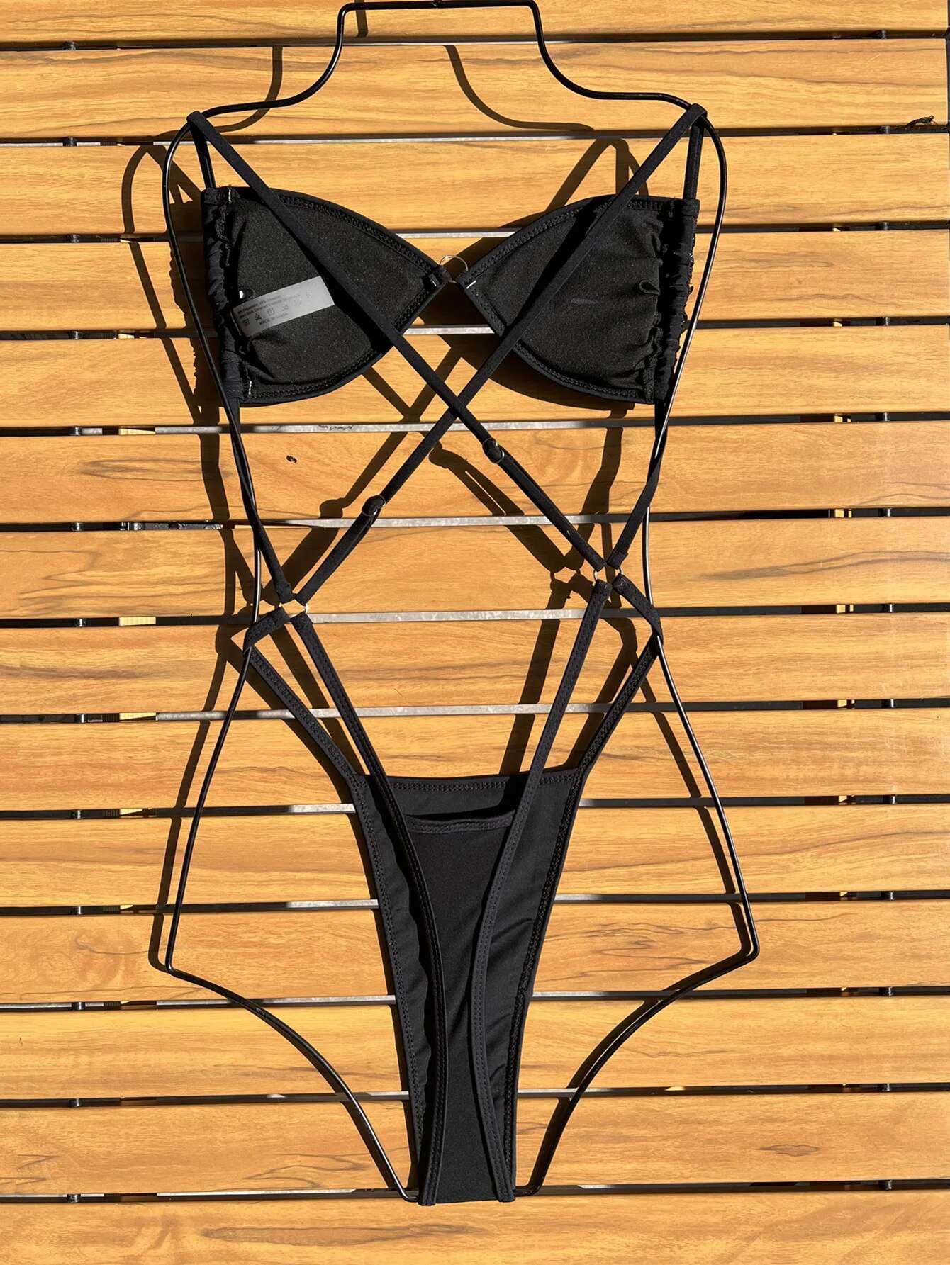 Dongdumaoyi Shiny Black One Piece Swimsuit Women Sexy Sequin Hollow Out Backless Thong Bikini Beach Bathing Suit Swimwear Monokini
