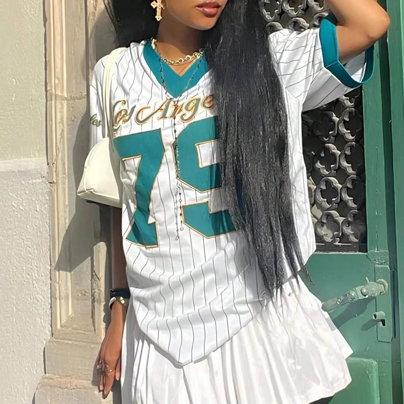 Los Angeles womens letter printed Vneck short sleeved Tshirt summer graphic baseball shirt oversized sports 250407