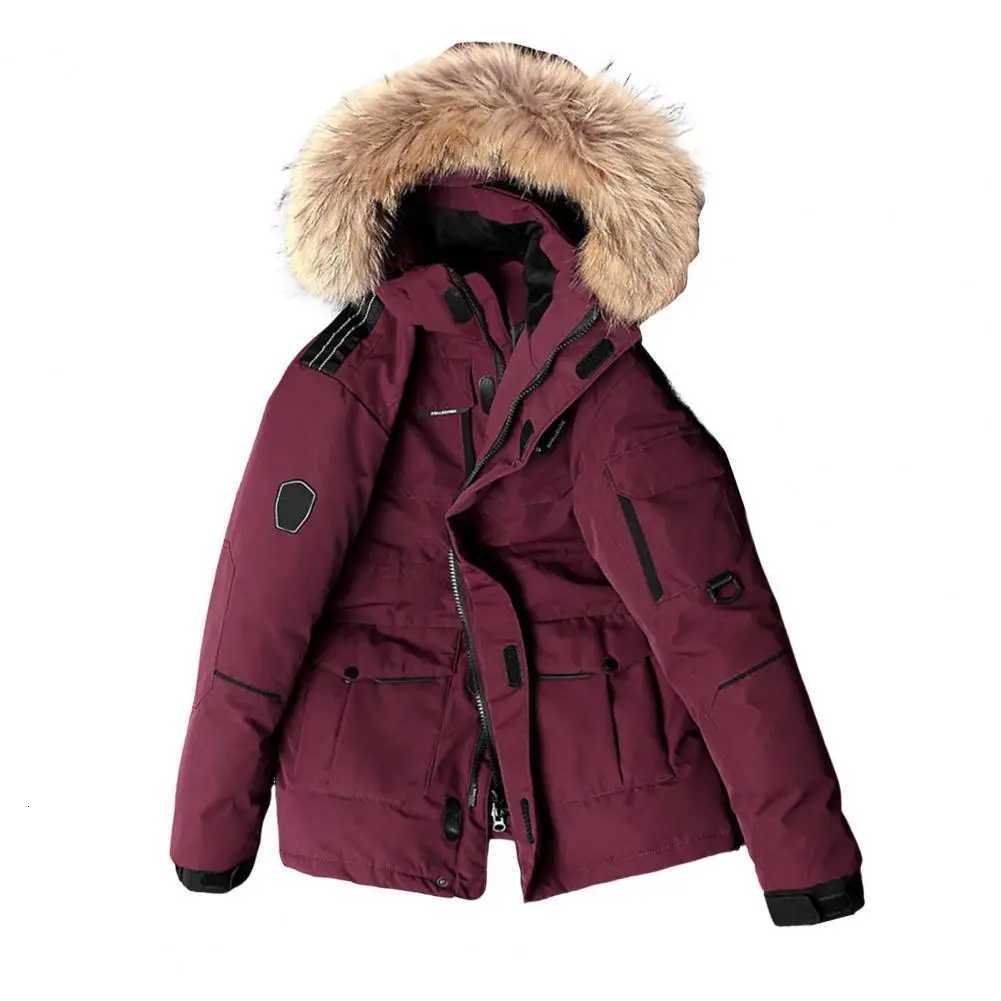 Warm Hooded Down Coat Mens Jacket with Faux Fur Trim Multiple Pockets Zipper Placket OutdoorT251107