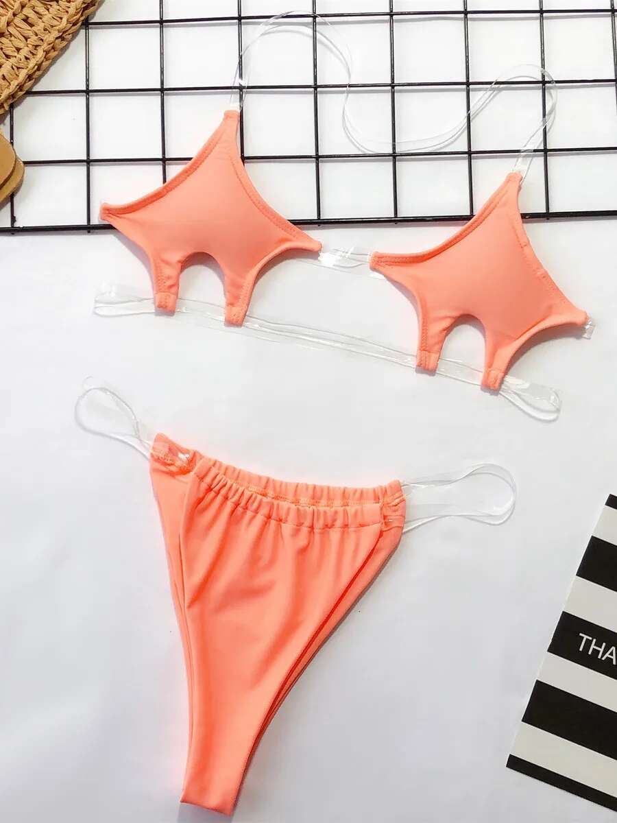 Dongdumaoyi Micro Bikini Women Clear Strap Push Up Bra Neon Yellow Gold Transparent Swimsuit Triangle Bather Thong Swimwear Biquini
