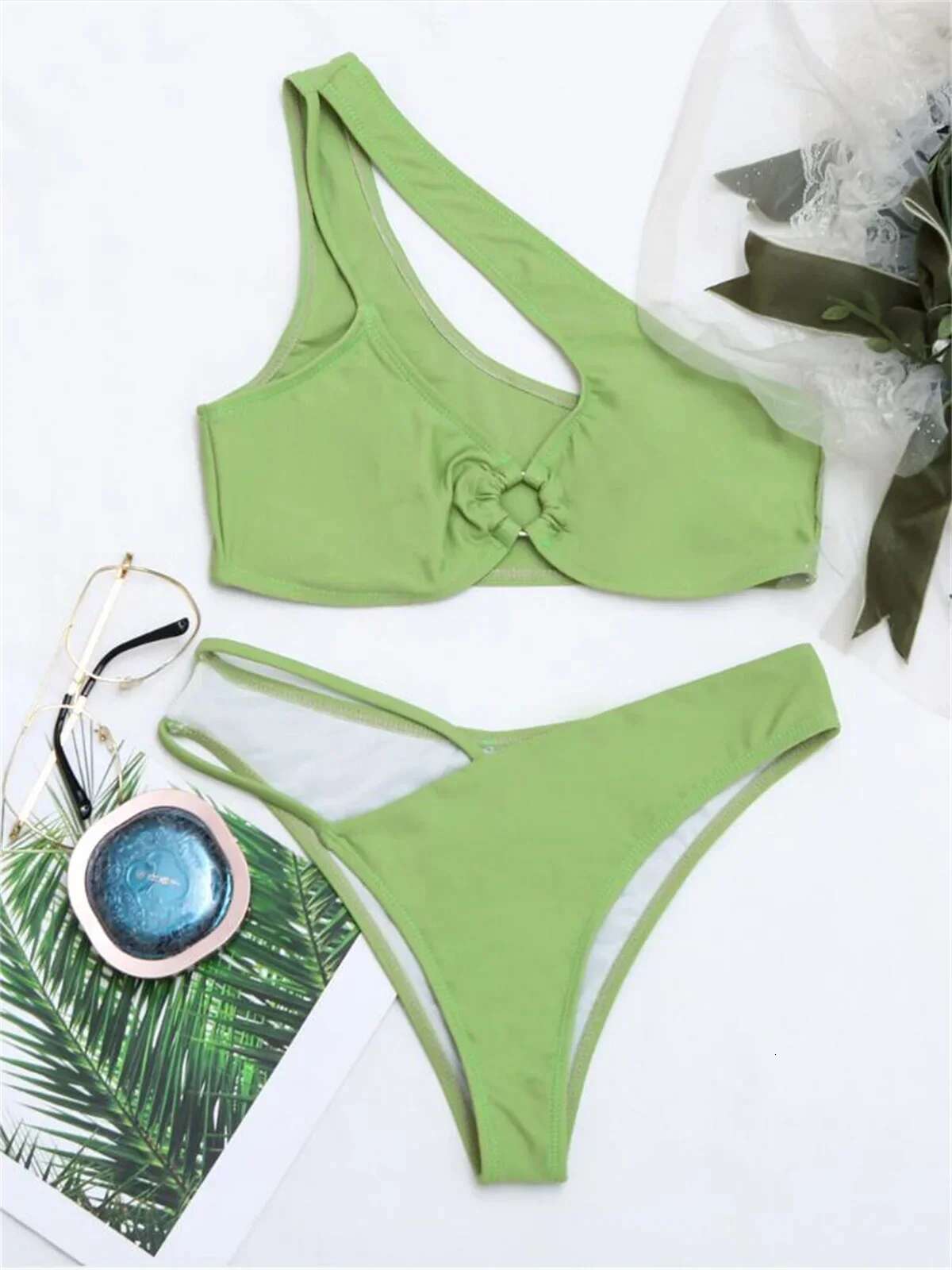 Dongdumaoyi Sexy One Shoulder Bikini Women Black Blue Cut Out Metal Ring Linked Push Up High Waist Swimsuit Bathing Suit Micro Swimwear