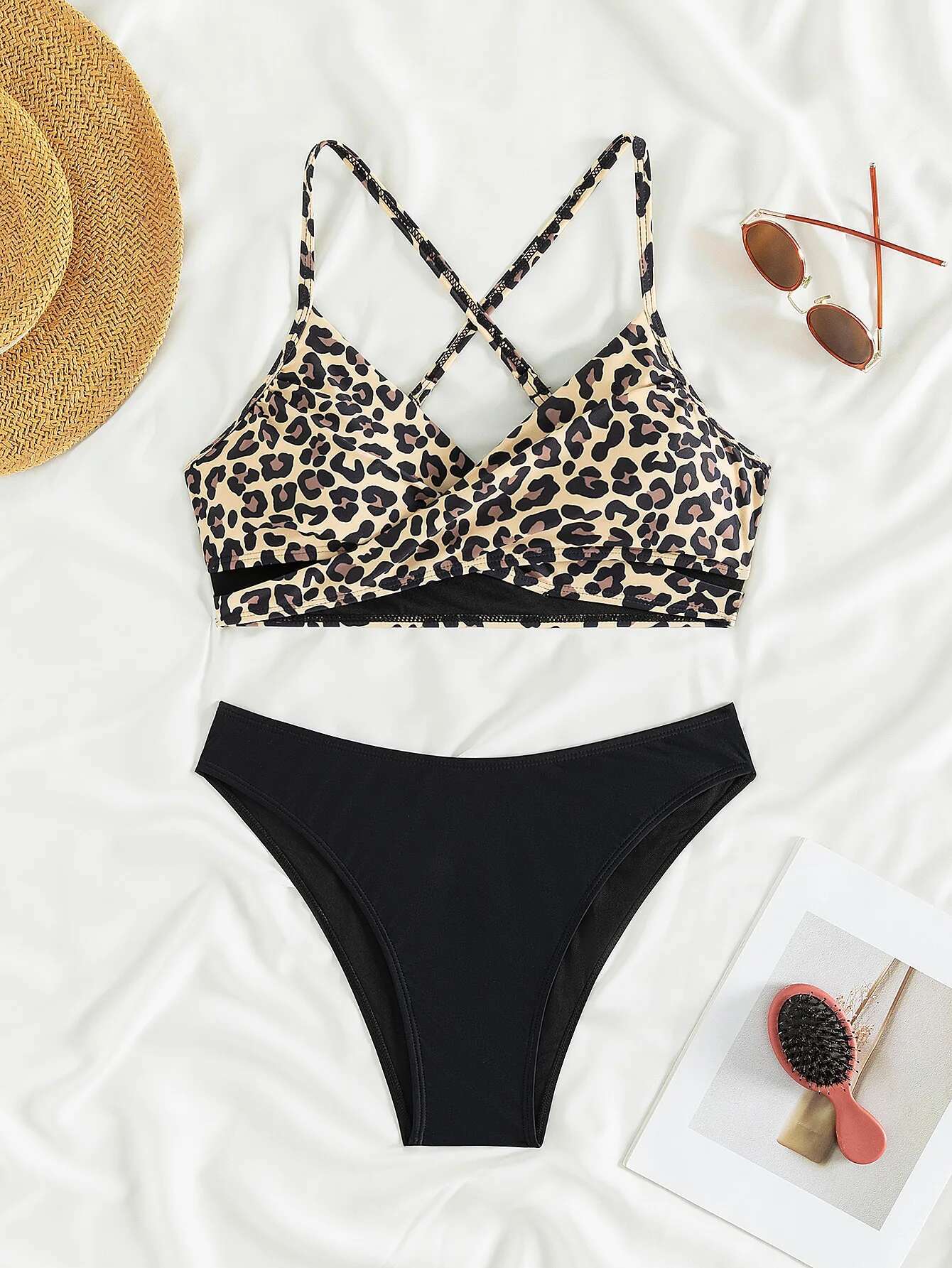 Dongdumaoyi Sexy Leopard Print Cross Bikini Set Women Halter Push Up Black High Waist Swimsuit Summer Bathing Suit Two Piece Swimwear