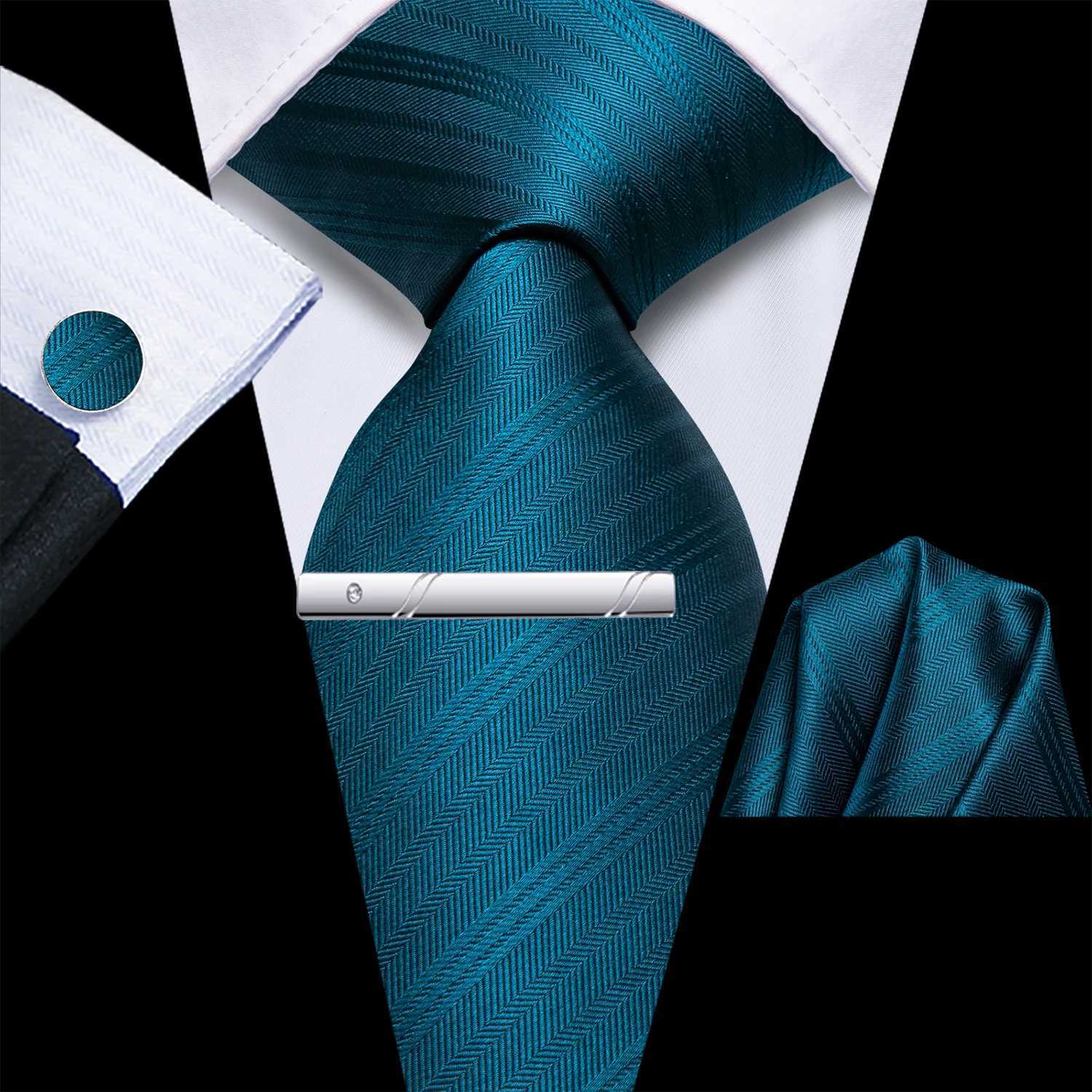Hi-Tie Men Silk Striped Teal Blue Necktie Hankie Cufflink With Clip 4PC for Accessory Classic Gift Tie Dropsing X250407
